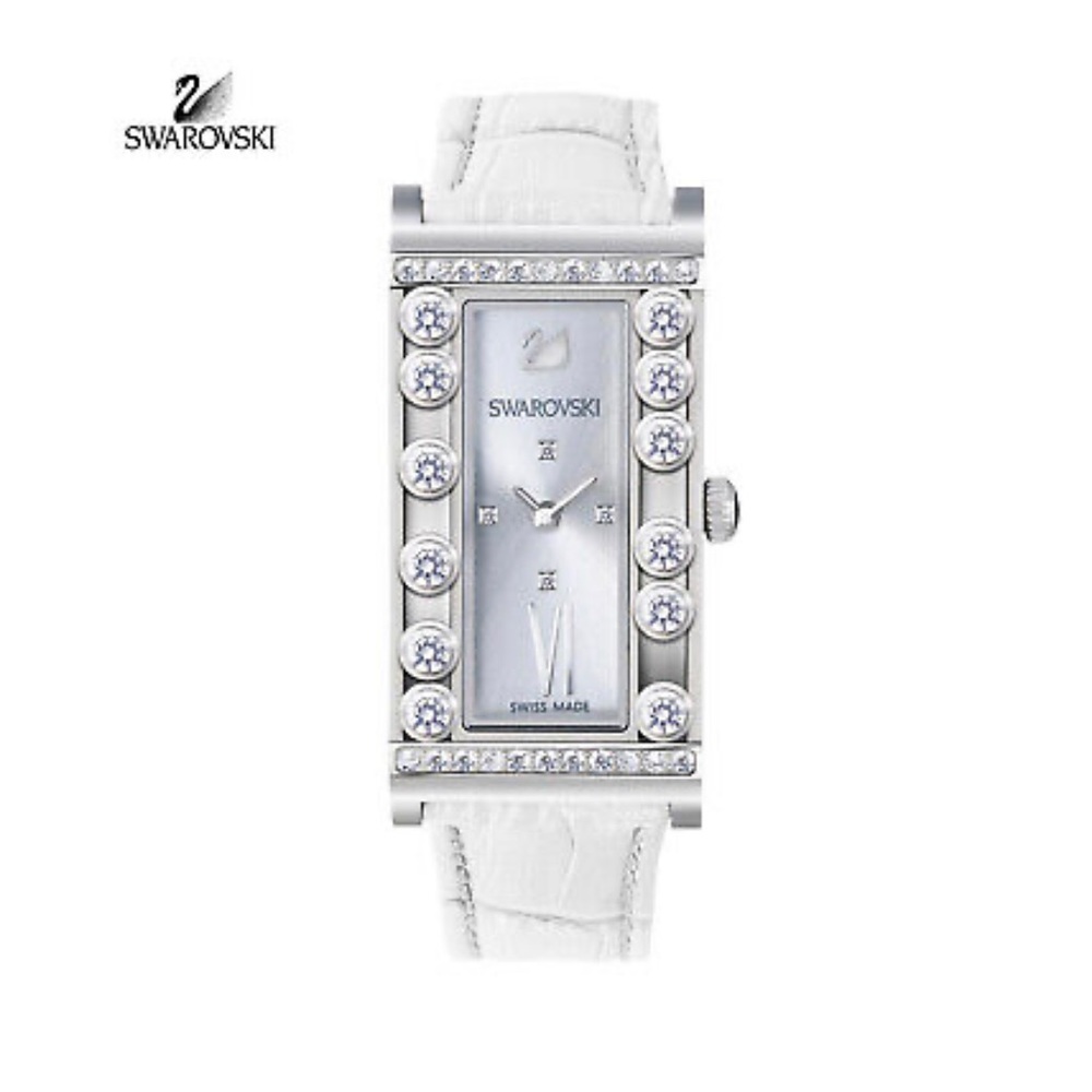Swarovski LOVELY CRYSTAL SQUARE WATCH White Leather Stainless Steel #5096680
